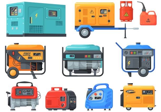 Generators machines. Electric power generator diesel gas engine for generating electrical energy, emergency equipment maintenance service alternator, vector illustration of power generator equipment